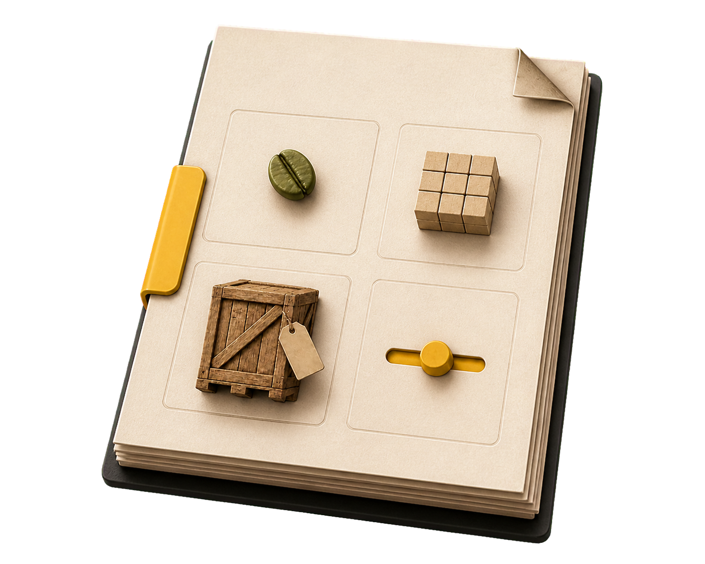 3D illustration of a buying brief document, representing the details this form helps pin down.