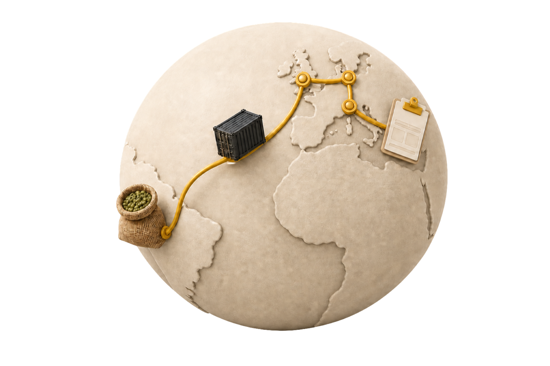 A globe showing a coffee sack, shipping container and paperwork connected across a cross-border route.