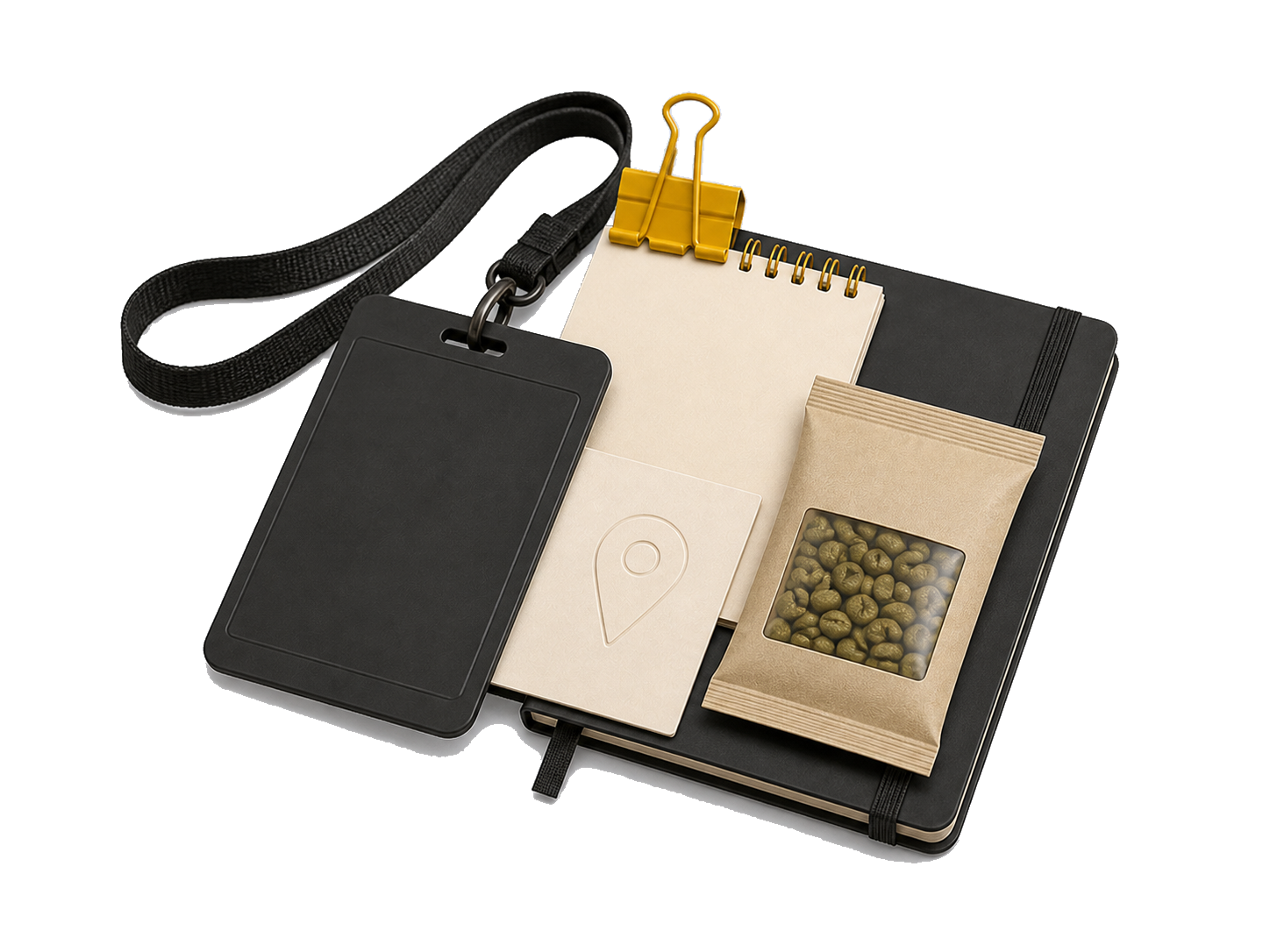 A meeting pass, calendar, location card and coffee sample arranged together.