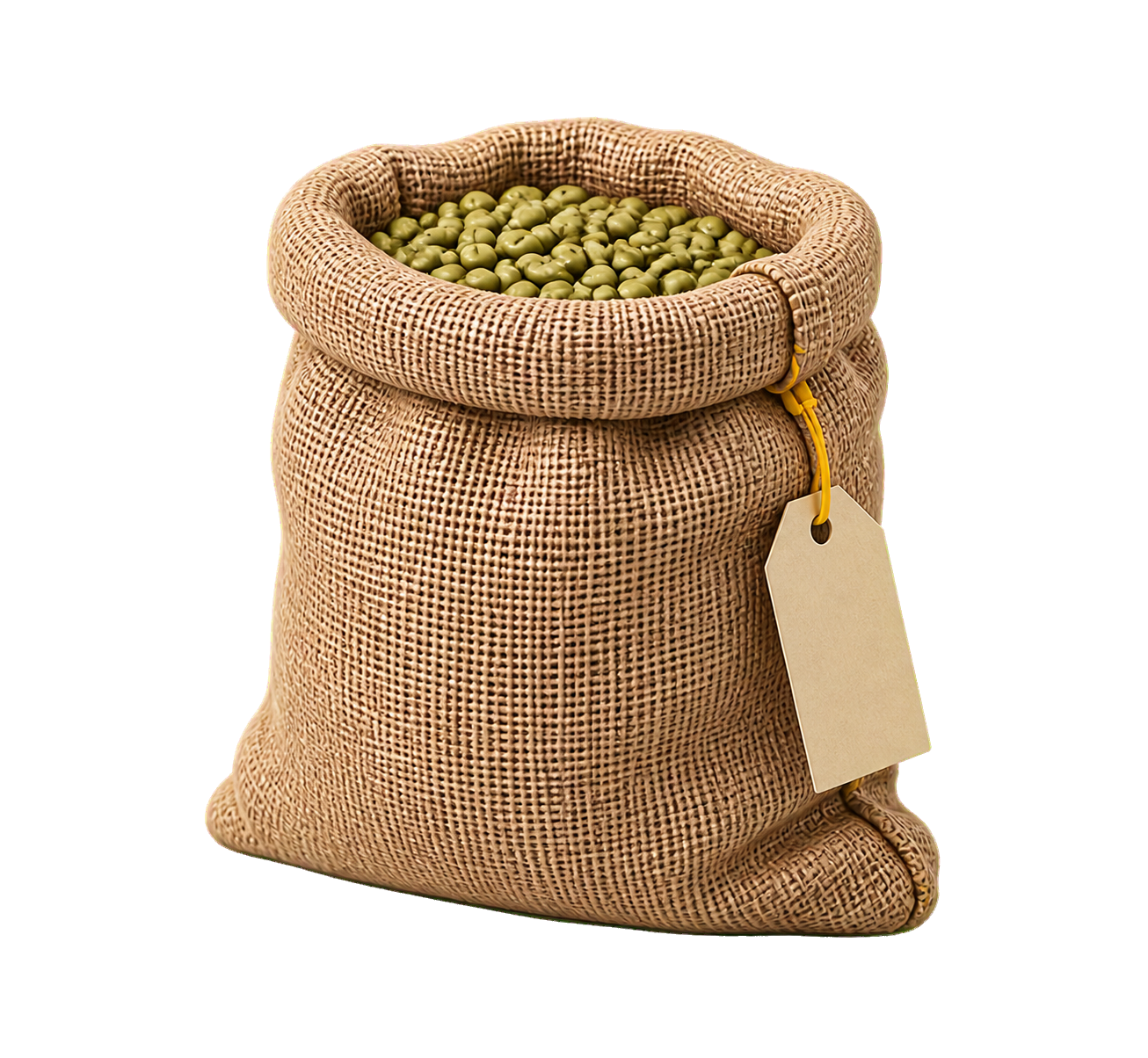 3D illustration of a burlap sack of green coffee beans.