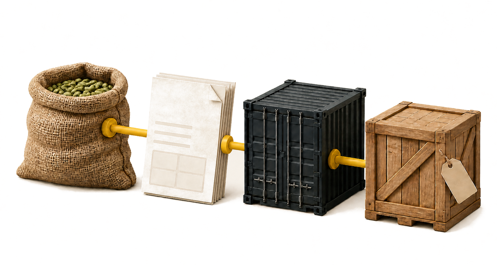3D illustration of an open shipping container revealing coffee sacks, a sample tray and shipping documents, showing the full journey from source to delivery.