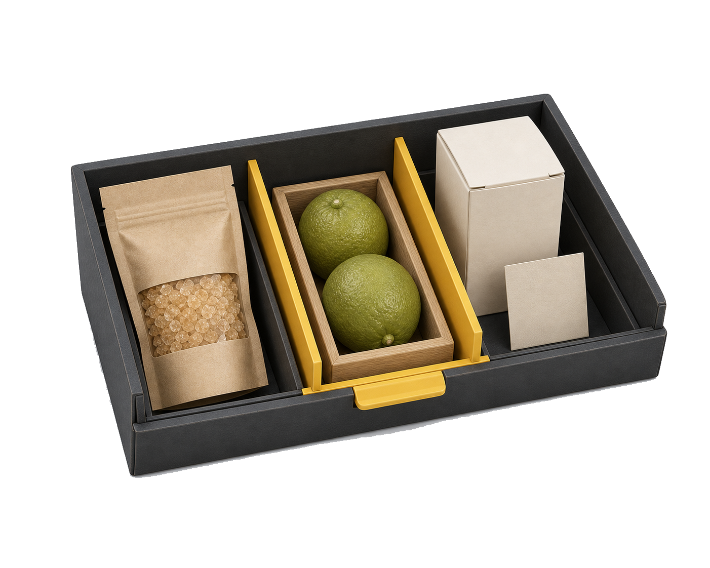 Sugar, fruit and a manufactured-product sample organised in a sourcing case.
