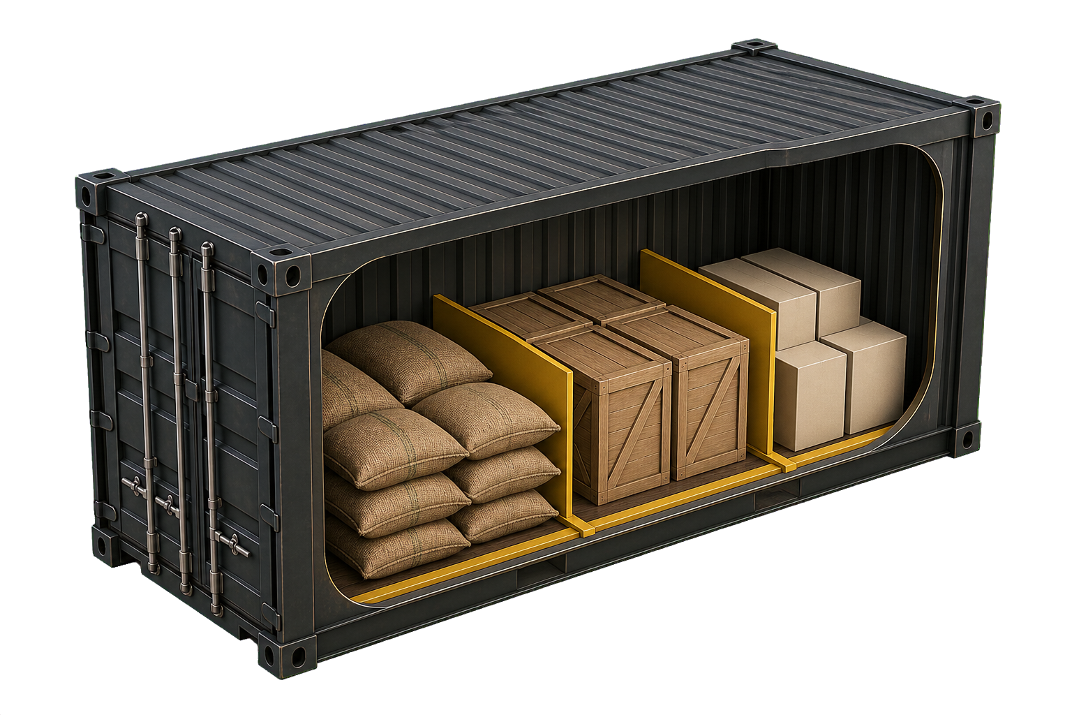 3D cutaway illustration of a shared shipping container, showing how multiple orders can be combined.